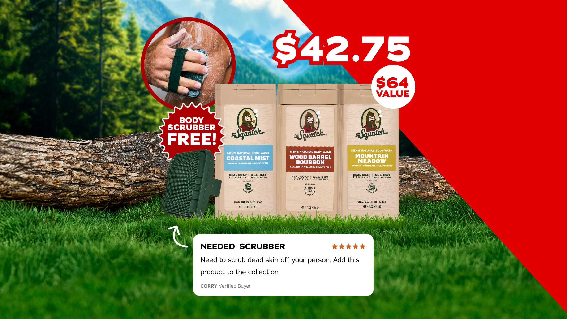 3-Pack Body Wash + FREE Body Scrubber